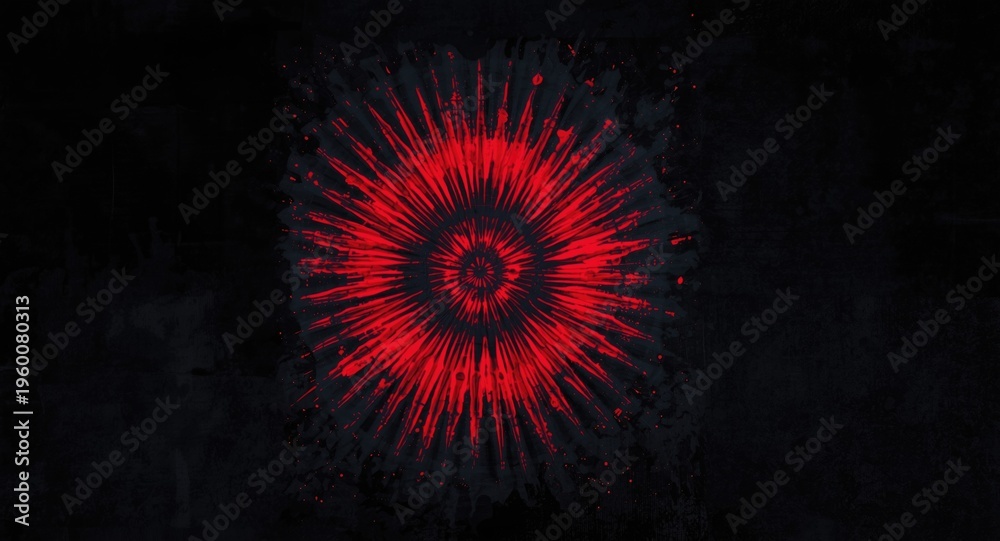Fototapeta premium Psychedelic spiral tie dye artwork with red hues and vivid shibori pattern on black backdrop