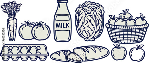 Farm fresh dairy and vegetable food outline set with milk eggs bread and apples