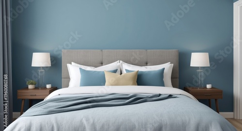 inviting bedroom setup with cushy bed and tranquil blue wall colors