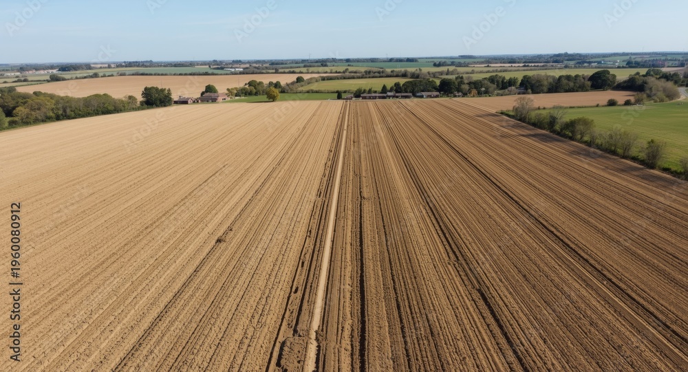 Fototapeta premium Extensive farm fields showing earth preparation and rural land use under clear skies
