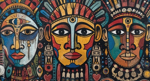 Colorful tribal wall art showcasing abstract faces with ample copy space for text