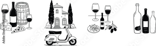 Black and white line art illustrations of Italian wine and villa scenes Keywords: italian, wine, barrel, bottle, glass, cheese