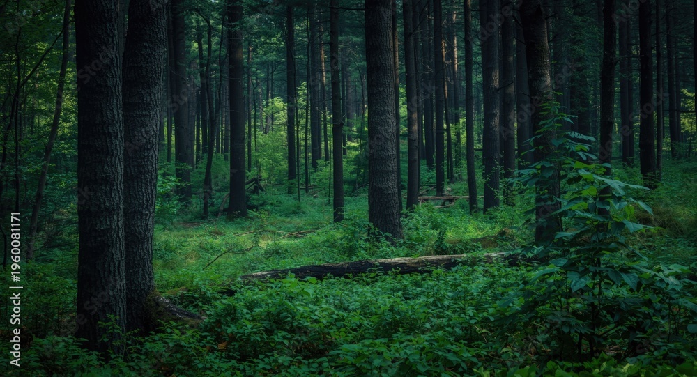 Obraz premium Impressive woodland landscape featuring dark trees and vivid greenery