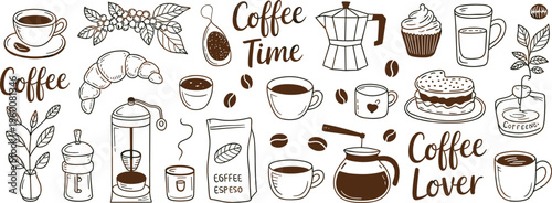 Coffee Lover Doodle Collection With Cups Croissants And Coffee Making Equipment Keywords: coffee, coffee lover, caffeine