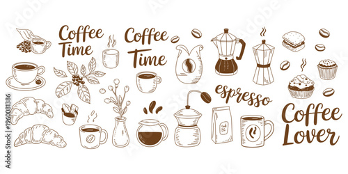 Coffee Time Doodle Collection Featuring Mugs, Beans, and Pastries Keywords: coffee, time, lover, espresso, mug, cup, saucer