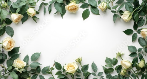 Green leaves and damask roses floral border flat lay background from above