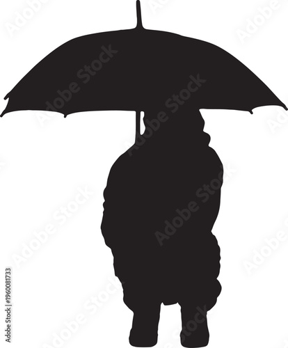 vector, silhouette front view silhouette of a woman squatting with an open umbrella