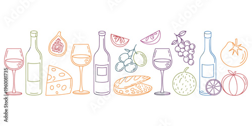 Colorful Outline Icons of Wine Food and Produce on White Background Keywords: wine, bottle, glass, grapes, cheese, bread, fig
