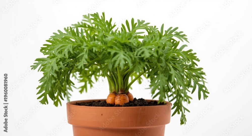 Fototapeta premium Orange carrot plant growing in terracotta pot on white background