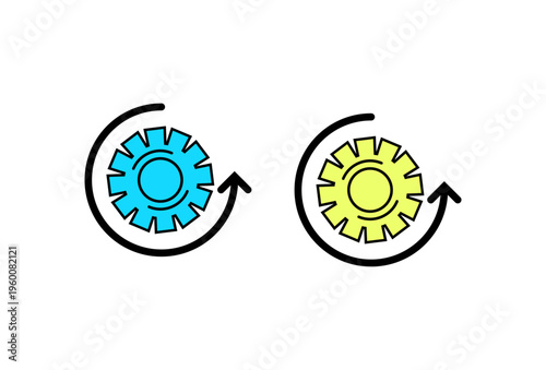 Colorful Gear Settings Icons With Circular Arrow Showing Update, Sync, Rotation and System Configuration