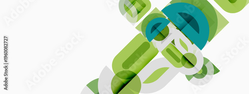 Abstract geometric shapes overlap, creating dynamic composition. Green hues dominate, with white background providing contrast. Modern design elements present.