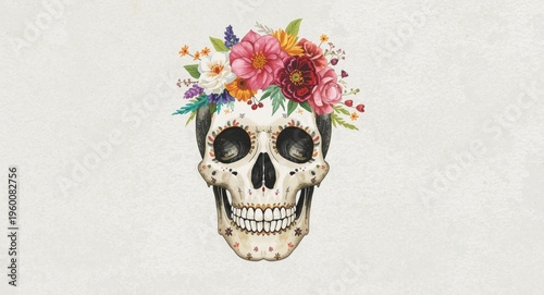 Floral decorated watercolor skull showcasing many colorful blossoms