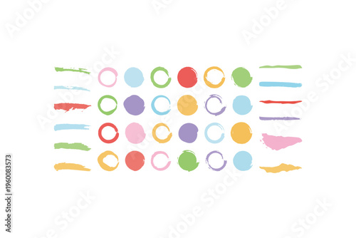 Colorful Paint Brush Strokes and Circles Set
