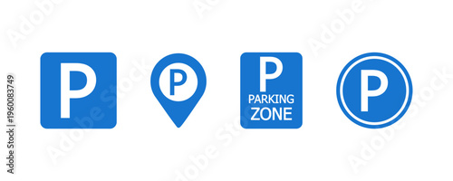 Parking Icons Set Blue Map Pin and Zone Sign