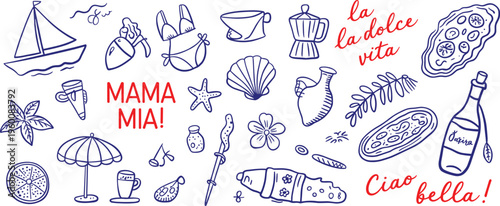 Italian summer doodles with pizza, pasta, coffee, and beach items Keywords: Italy, Italian, summer, vacation, holiday, food