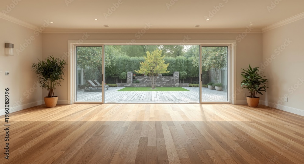 Fototapeta premium Open layout home addition remodel with solid oak wood handscraped floors in golden hue enhancing deck patio and courtyard