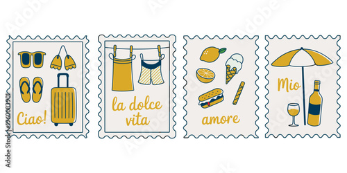 Italian Summer Vacation Postcard Collection with Travel and Food Icons stamp italy