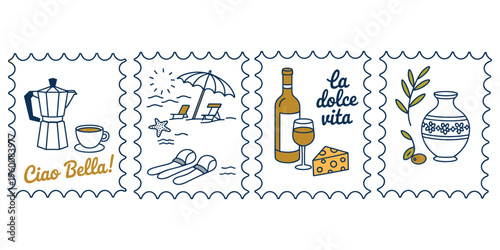 Italian themed postage stamps with coffee beach wine and vase icons Keywords: italian, postage stamp, icon, coffee, moka pot