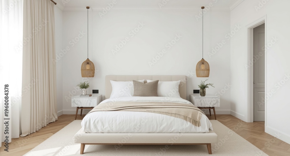 Fototapeta premium Off white bedroom in mid century style with big bed complemented by marble bedside tables and rattan lighting