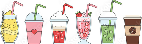 Cute colorful drinks vector set with smoothies milkshakes iced beverages and coffee. Flat cartoon style cups with straws. Perfect for cafe menu, kids design and branding.