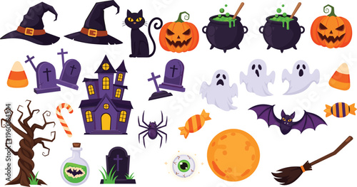 Halloween vector elements set with pumpkin ghosts witch hats and spooky icons. Cartoon style collection for party design, stickers, decorations and seasonal illustrations.
