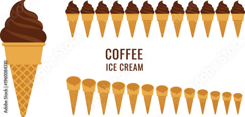 Coffee ice cream cone vector set with different sizes and chocolate swirl scoops. Minimal flat design for dessert menu, cafe branding and sweet food illustration.