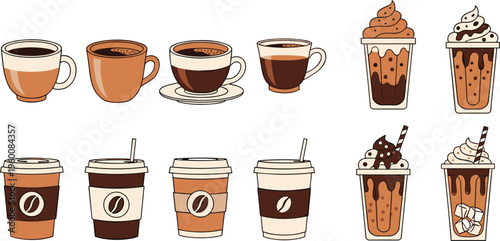 Coffee drinks vector set with espresso latte cappuccino and iced frappuccino. Cafe beverages in cups and takeaway containers. Ideal for menu, barista and coffee shop design.