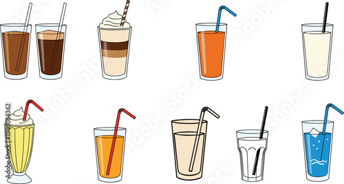 Cold drinks and beverages vector set with juice milkshake soda and coffee. Minimal flat illustrations with straws. Perfect for cafe menu, summer drinks and beverage design.