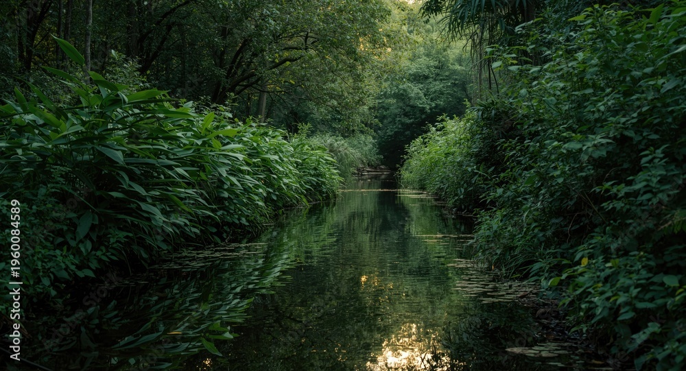 Obraz premium Green dense vegetation along a quiet scenic water channel at sunrise