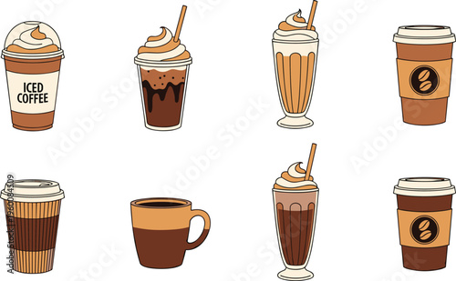 Coffee drinks flat vector set with iced coffee latte frappuccino and takeaway cups. Modern cafe beverages for menu design, branding and food illustration.