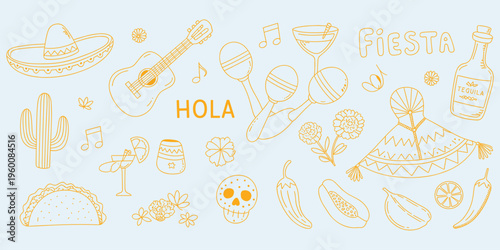 Mexican Fiesta Doodle Elements with Sombrero, Guitar, and Tequila Keywords: mexican, fiesta, hola, sombrero, guitar, maracas