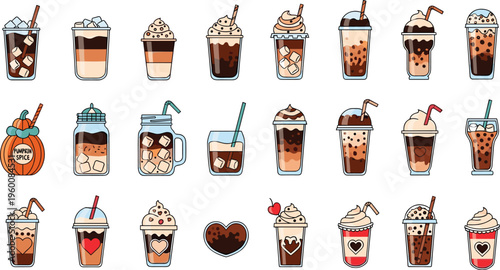 Cute coffee and bubble tea drinks vector set with kawaii style cups. Sweet beverages with cream and hearts. Perfect for stickers, cafe menu and playful branding.