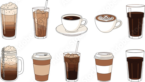 Coffee drinks vector set with iced coffee latte cappuccino and espresso. Variety of cafe beverages in cups and glasses. Ideal for menu, barista and coffee shop design.