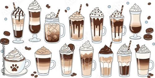 Coffee drinks vector set with latte cappuccino mocha and iced beverages. Creamy cafe drinks with chocolate and foam. Ideal for menu, barista and coffee shop design.