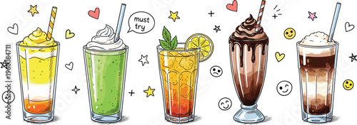 Colorful summer drinks vector set with smoothies iced tea lemonade and chocolate milkshake. Hand drawn style beverages with doodles. Perfect for cafe menu and fun branding design.