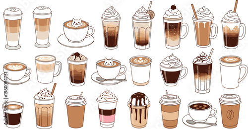Coffee drinks big vector set with latte cappuccino espresso and iced beverages. Variety of cafe cups with cream and foam. Perfect for menu, barista and coffee shop design.
