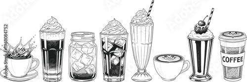 Hand drawn coffee drinks vector set. Sketch style espresso iced coffee milkshake and latte illustrations. Vintage cafe beverages for menu design, packaging and branding.