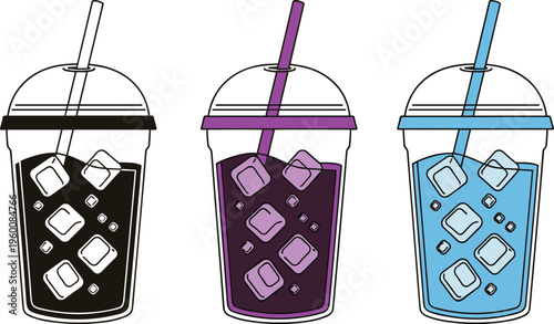 Iced coffee vector set in plastic cups. Cold brew drinks with ice cubes and straws in different flavors. Minimal flat illustrations for cafe menu and beverage design.