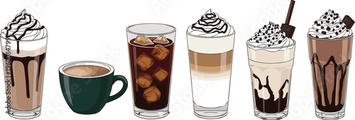 Coffee drinks vector set with latte espresso iced coffee and frappuccino. Realistic cafe beverages with cream chocolate and ice. Perfect for menu, barista and coffee shop design.