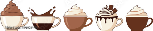 Coffee cups vector set. Chocolate and creamy drinks with whipped toppings in flat style. Cozy café illustrations for menus dessert drinks and beverage design.