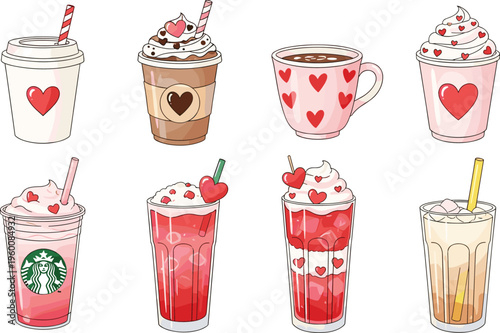 Valentine drinks vector set. Cute coffee milkshakes and sweet beverages with hearts and whipped cream. Romantic illustrations for café menus love themes and seasonal designs.