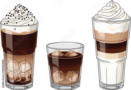 Iced mocha drinks vector set. Layered coffee with ice cubes and whipped cream. Realistic illustrations for café menus beverage recipes and coffee branding.