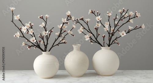 Set of modern ceramic vases showcasing cherry blossom branch decor