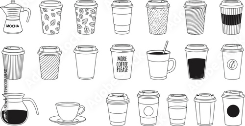 Coffee cups outline vector set. Hand drawn takeaway mugs glass cups and coffee pots. Minimal line illustrations for café menus beverage icons and branding design.