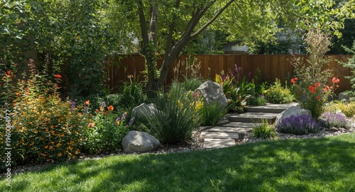 Colorful residential garden design showcasing drought tolerant eco plants in shaded spots