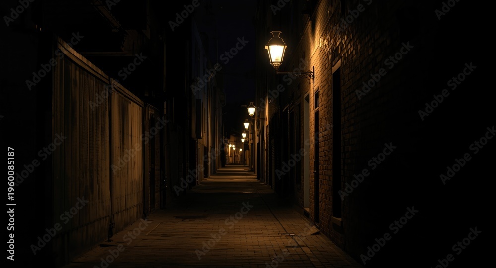 Obraz premium Quiet urban alley captured at night with moody illuminating street lamps