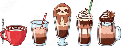 Cute coffee drinks vector set. Latte chocolate shakes and creamy beverages with fun toppings. Cozy café illustrations for dessert menus trendy drinks and branding.