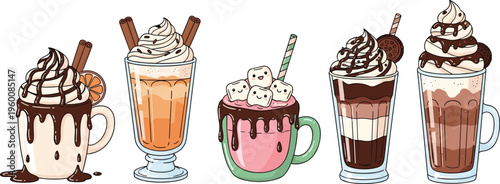 Sweet coffee desserts vector set. Chocolate milkshakes frappes and creamy drinks with toppings. Cute illustrations for café menus dessert drinks and trendy beverage design.