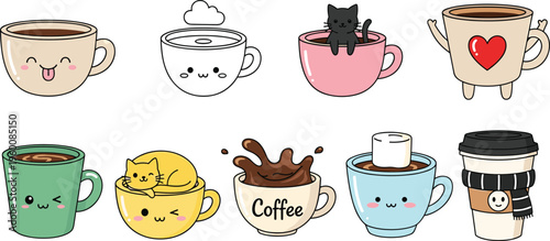 Cute coffee cups cartoon vector set. Kawaii mugs with animals faces and funny expressions. Adorable drink illustrations for stickers kids branding and café designs.
