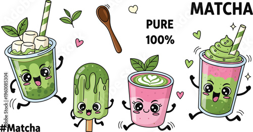 Cute matcha characters vector set. Kawaii green tea drinks with smiling faces and desserts. Fun illustrations for stickers kids branding and trendy beverage designs.